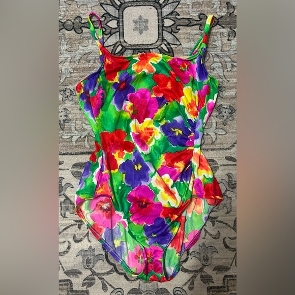 Catalina Retro One Piece Swimsuit Sz 14 Bright Colorful Floral Shiny Unpadded - Picture 1 of 3